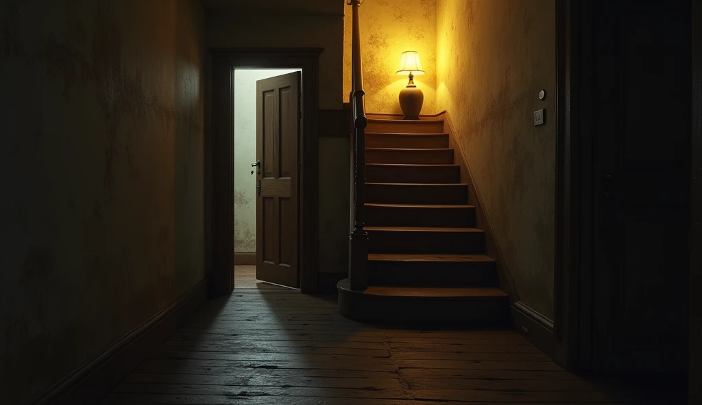 A view from the bottom of the wooden staircase, the old steps echoing with recent footsteps, with a small lamp casting a yellow glow. The far door is left ajar, suggesting someone has just left or returned. The atmosphere is calm but hints at someones pres...