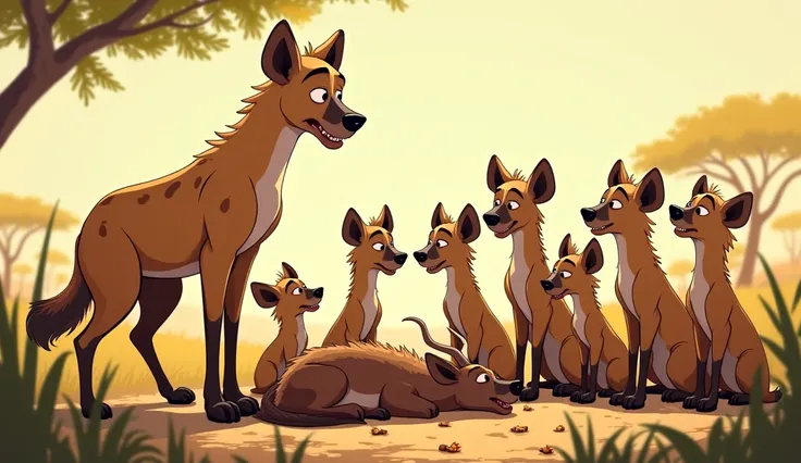 1  hyena father talking with 9 hyenas 
And sleeping dead deer between them cartoon