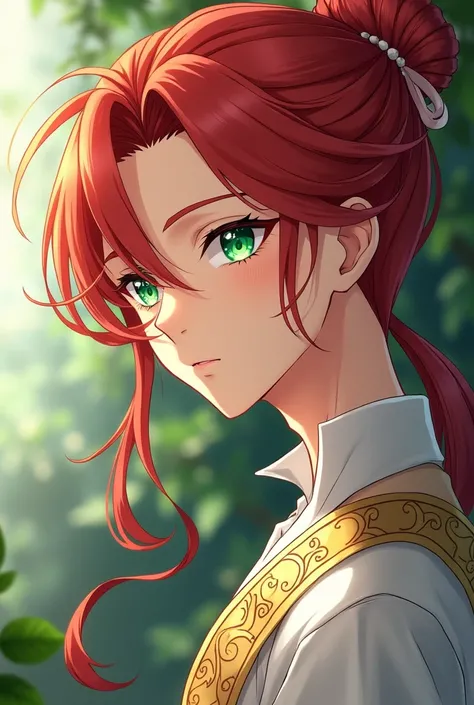  Style of the anime Los Diaries of the Apothecary 
A man of fine features,  beautiful silky red hair tied up in an elegant hairstyle , bright green eyes and pale skin ,  a mole next to her eye and slim build .