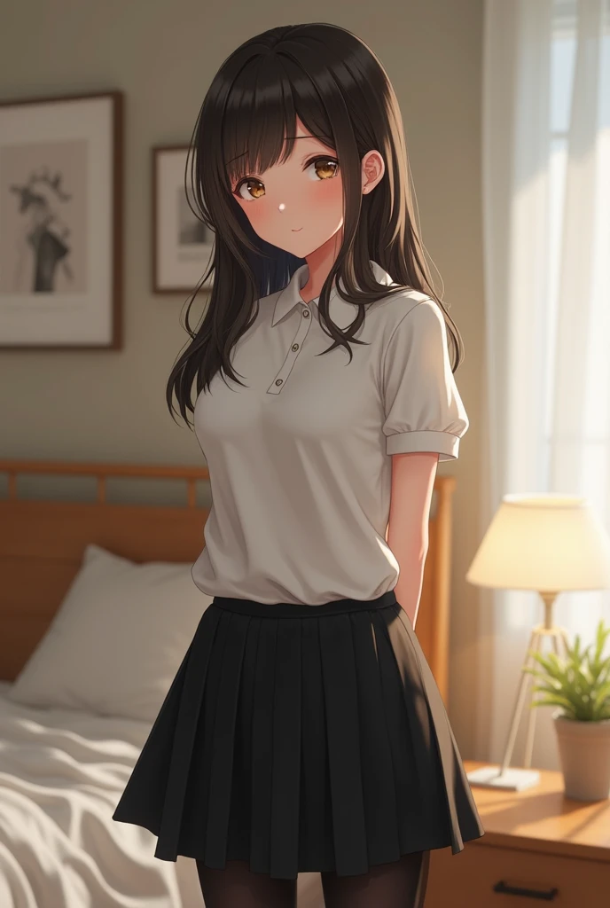 High quality shy and timid, cute nineteen year old girl,(photo quality) masterpiece, 4k high res, shy pose, black knee length school skirt, and a plain polo shirt, teasing, hair middle part, ((embarrassed)) relaxed in her bedroom (black skirt) turned on, s...