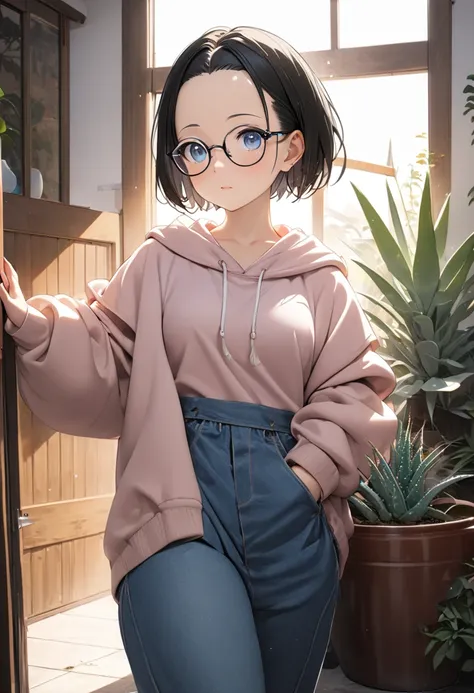 RAWphoto,photorealistic,8k16k,best quality,perfect anatomy,perfect detailed,ultra highres, extremely detailed eyes and face,gleaming skin,shiny skin,1girl,Japanese,black short hair,pixie cut, (wearing glasses:1.3),(parted bangs,forehead:1.2),round face,med...