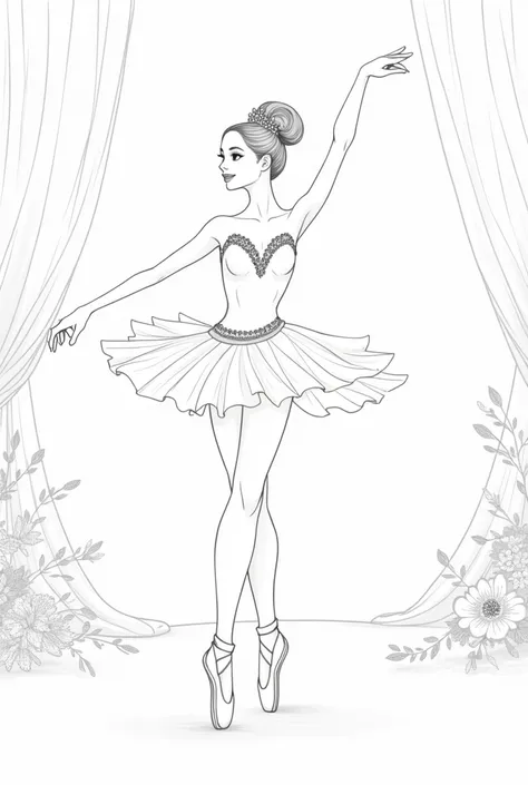 "Create a black-and-white line art of a graceful ballerina performing on stage. She has a sparkling tiara, a tutu, and ballet slippers. The stage is decorated with curtains, flowers, and elegant lighting, ideal for a coloring page."