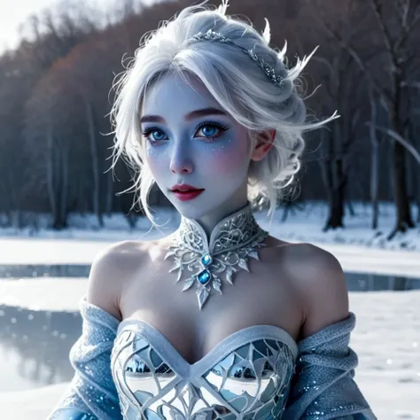 Adorable sexy Ice goblins (blue skin, over large glassy eyes, mirror silver hair, scant frosty clothing) dance and play on the ice, enticing a cute woman (cute winter outfit) to join them,frozen lake
