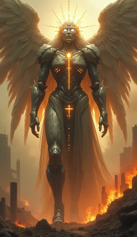 A colossal alien entity inspired by Christianity, with glowing golden crosses embedded into its metallic and organic armor. It has angelic wings that are sharp and otherworldly, pulsating with divine energy. Its face is a blend of a serene deity and a terr...