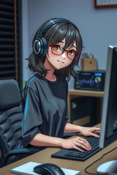 5０Japanese female　Black hair waves　 semi-short hair 　Glasses　 facing the front　Gaming Headsets　The video is being distributed on a PC　 big smile when looking back　PC Keyboard　 Im the only one in the PC room