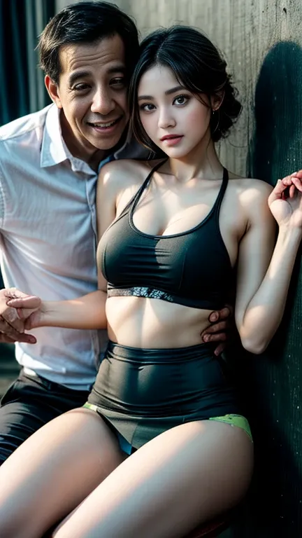 In the picts a man and a woman. 1girl and 1man, ((1beautiful girl and 1Old man)), ((Luna Maya and Jokowi)), Luna Maya, black glossy short mini skirt, black tanktop, black high heel loafers, sitting on ground, pushed against wall, shocked, pain. Jokowi, Bar...