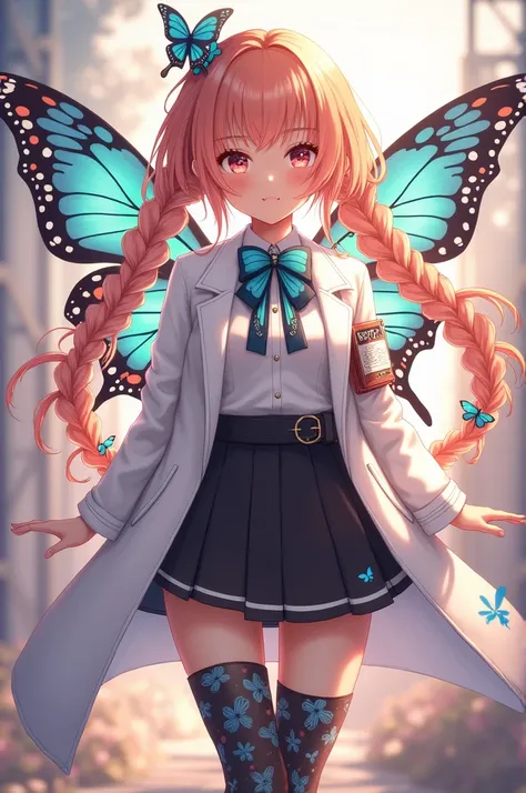 Honkai Star Rail girl with sttawberry blonde braids, a butterfly bow tie, a cute scientist top, a black mini skirt, butterfly boots and an asymmetrical design