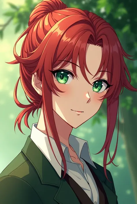  Style of the anime Los Diaries of the Apothecary 
A man of fine features,  beautiful silky red hair tied up in an elegant hairstyle , bright green eyes and pale skin ,  a mole next to her eye and slim build .