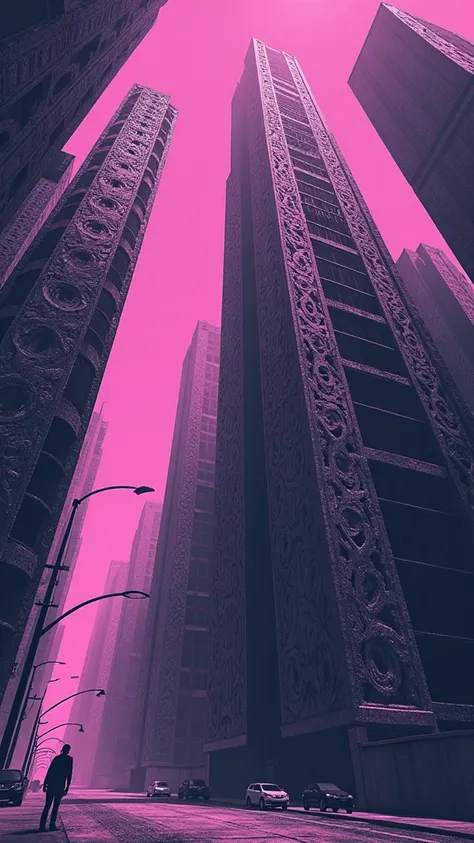 A stylized, graphic depiction of skyscrapers viewed from a low angle, looking upward.  The image is in shades of dark gray and black, on a background of a muted, dusty purple.  The buildings feature intricate, detailed designs, appearing somewhat textured,...