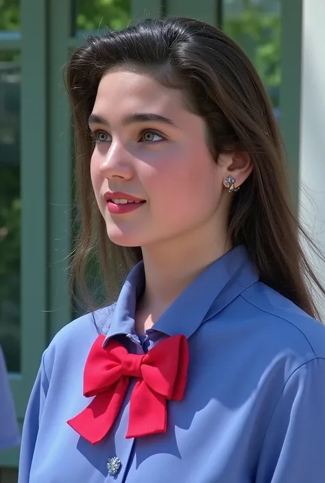 (very realistic photography),(masterpiece, best quality:1.3), 1girl, (alone), from just her side, her beautiful profile,
((young Jennifer Connelly)),(at age 15),
from the top of her head to her waist,
she wear in sheer blue shirt with blilliant red bow tie...