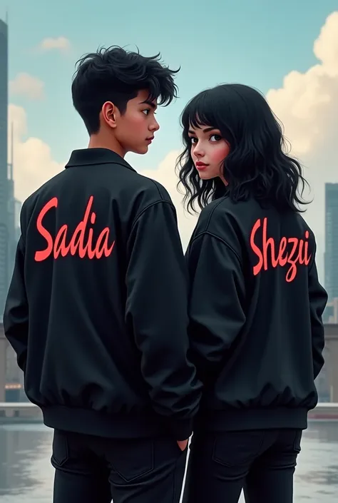 Couple picture boy wearing black jacket with name sadia girl wearing black jacket with name shezii 