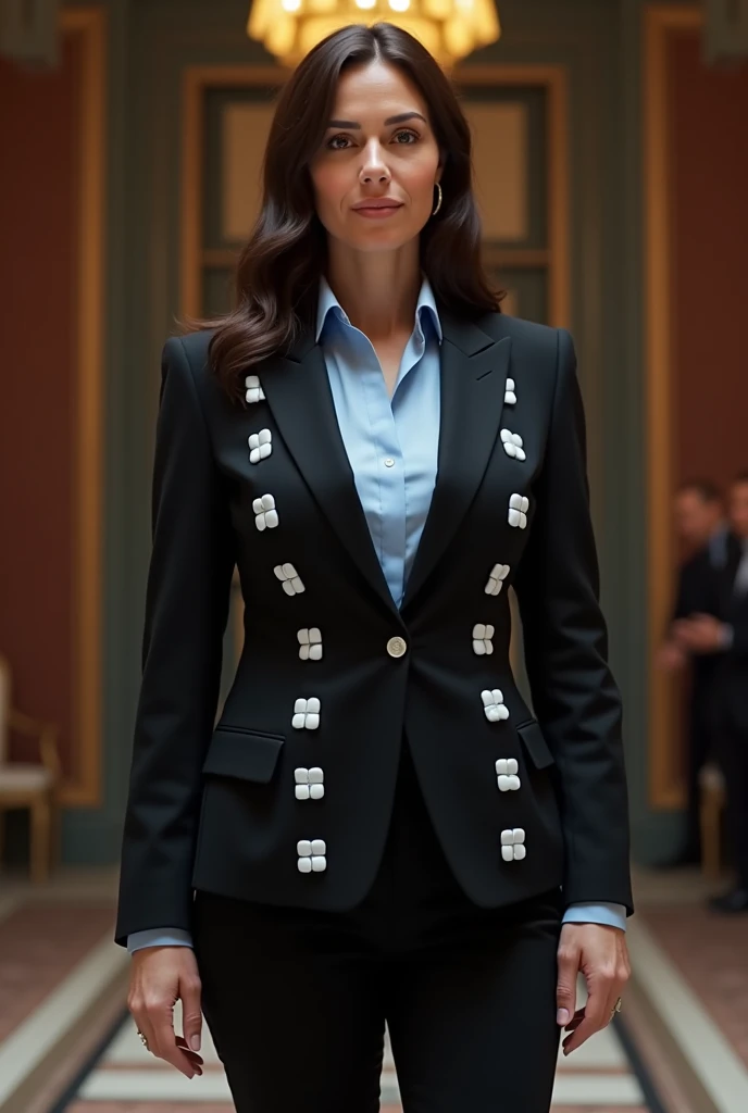 adult woman, king,  with black pants , light blue blouse with black blazer with white squares 