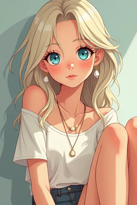 [WEBTOON ARTSTYLE] (mature face) portrait of a teenage European girl with platinum blonde hair and blue eyes, wearing a casual outfit. Seashell necklaces, pearl earings. No make up. Chilling, sitting in comfortable position , hair in side-part. Retro, flat...