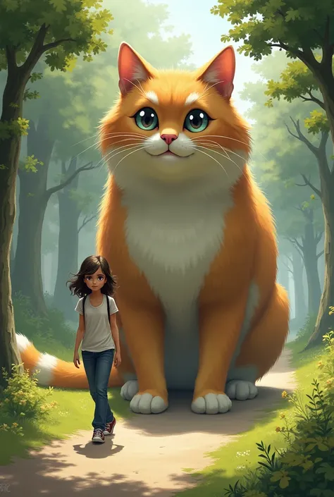 A Casually Dressed Daughter Walks Along With a Giant Cat