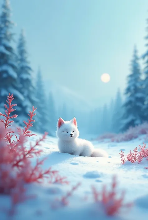 Snowy land covered with snow on the horizon fabulous blue forest near the crimson plant a little white fox wakes up