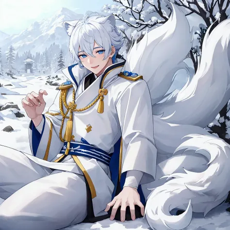 On a snow-covered mountain path, a young man with the ears and tail of a white white tiger with blue eyes fluttering a white scholar suit from the Joseon Dynasty and barks with blue eyes flutters his tail and smiles.