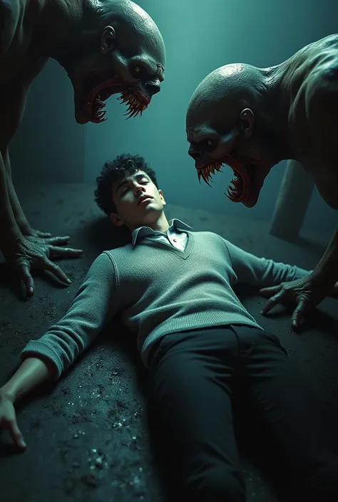  ultra realistic style， A man wearing a European and American male casual school uniform lies on the ground， wearing a casual sweater school uniform，Lying on the ground，The butt is the focus of the picture ，There are two zombies howling at him