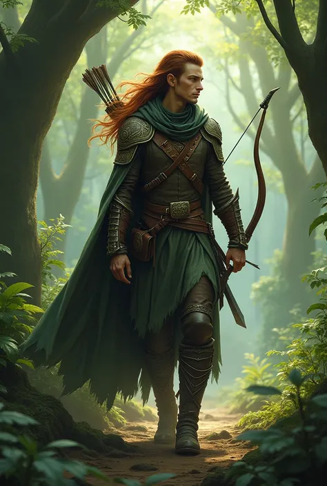 1man , woodelves ,mahogany hair , grey eyes , leather armor ,  bow , elves dagger, cloak with hood