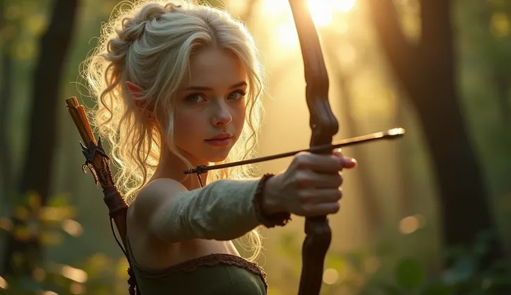 (Realistic:1.4), 1 elf archer in the forest, pale curly disheveled hair, delicate features of a thin face, cute sexy, perfect full body, no clothing, Fantasy style, professional photography, Hi-Def, lifelike skin, Without cosmetics, background of the Middl...