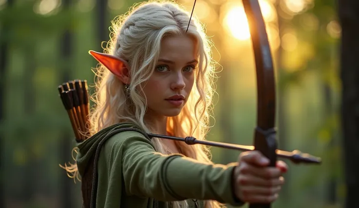 (Realistic:1.4), 1 elf archer in the forest, pale curly disheveled hair, delicate features of a thin face, cute sexy, perfect full body, no clothing, Fantasy style, professional photography, Hi-Def, lifelike skin, Without cosmetics, background of the Middl...