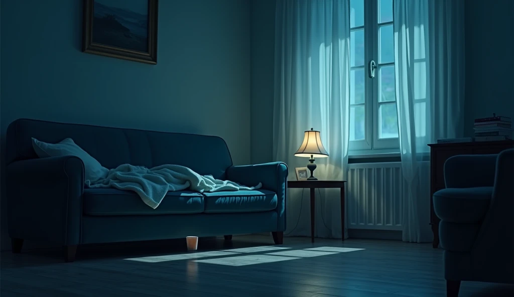 A small, cozy living room, lit by a cold blue light from a table lamp. On the sofa, a pillow is askew and a blanket is rumpled as if someone has just left. On the table is a cup of cold tea, with the light from the ceiling lamp creating soft shadows, evoki...