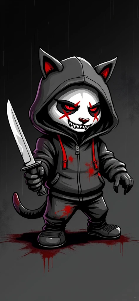 A stylized graphic illustration of a panda bear, depicted as a menacing cat-like creature. The panda is positioned in the center of the image, facing slightly to its left, holding a knife. Its expression is intense and aggressive, with red crosses over its...