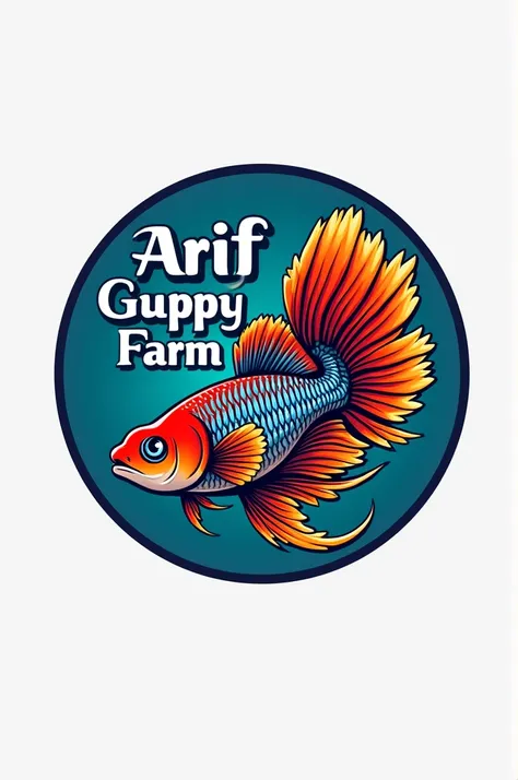 Create a guppy fish logo with a round logo with the name Arif guppy Farm in the style of Emphatic writing inside the logo