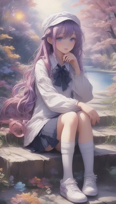 a beautiful school girl, anime, she has purple eyes, she has rainbow long hair, she is wearing school uniform, she is sitting on bench, crossing legs, surreal psychedelic dreamy road, river, she has cigarettes, thick thighs, short white socks, leather scho...