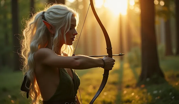 (Realistic:1.4), 1 elf archer in the forest, pale curly disheveled hair, delicate features of a thin face, cute sexy, perfect full body, no clothing, Fantasy style, professional photography, Hi-Def, lifelike skin, Without cosmetics, background of the Middl...