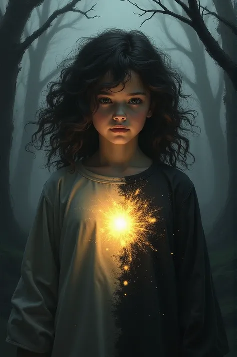 Cover of a book, gray and black background with a small creature surrounded by shadows and a curly-haired girl with her chest shining with light and half with darkness 