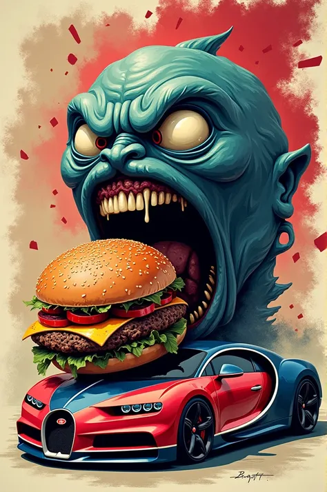  Create a globe brand written gluttonous and furious in Portuguese, with a Bugatti car with a hamburger  