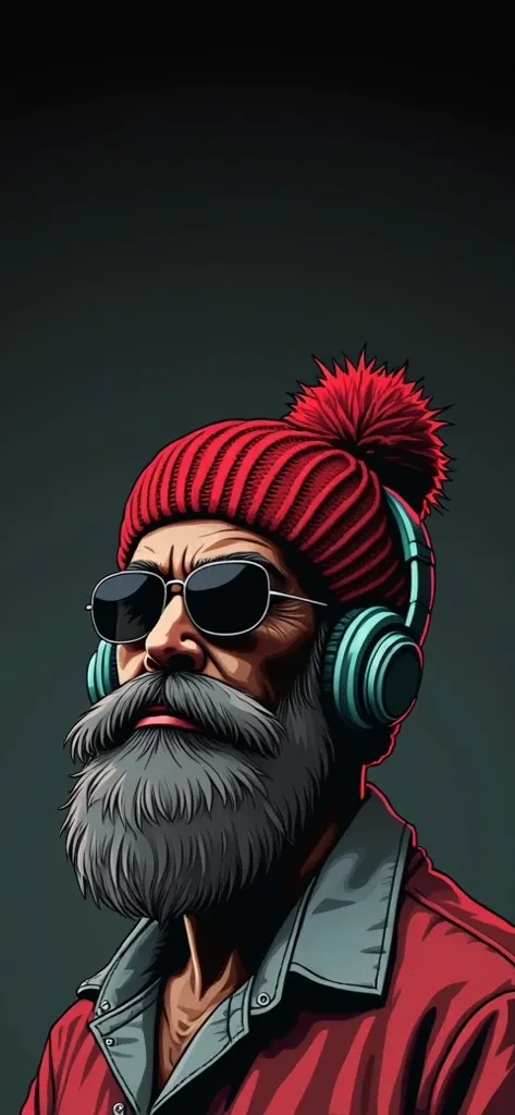 A stylized portrait of a mature man, centered in the image. He is light-skinned, middle-aged, and has a full, gray beard and mustache.  He wears a vibrant red, chunky knit beanie and dark sunglasses.  He appears to be wearing headphones with teal and light...