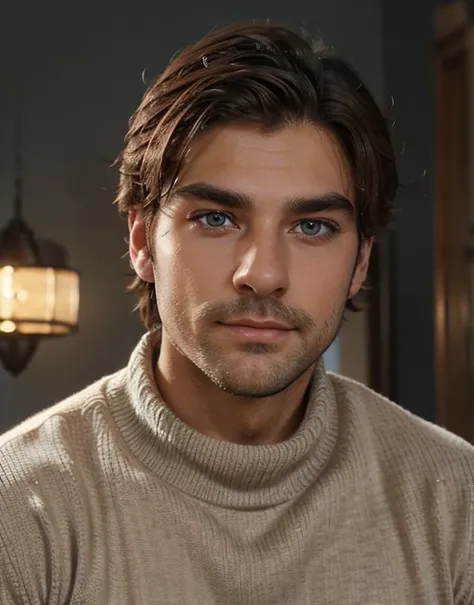 Very handsome man, sharp deep big blue eyes, thick eyebrows,  white tan skin, celestial beautiful nose, soft smile, soft eyes, a little long tousled dark brown hair, a little stubble beard, muscular lean body, wearing a black turtle neck sweater and a blac...