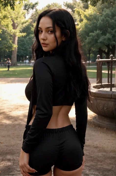 Imagine a ravishing 23-year-old woman, her long luxurious black hair flowing down her back like molten silk, alluring and mesmerizing. Her seductive figure is a masterpiece, with curves that ignite desire. Shes wearing a black tracksuit. Shes standing in t...