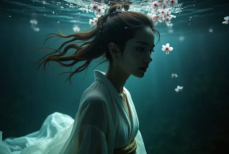 full body portrait, alluring Japanese woman in loose translucent kimono underwater, traditional shimada hairstyle with flowing strands, delicate silhouette, porcelain pale skin, intense dark eyes, deep murky waters, floating cherry blossoms turning black, ...