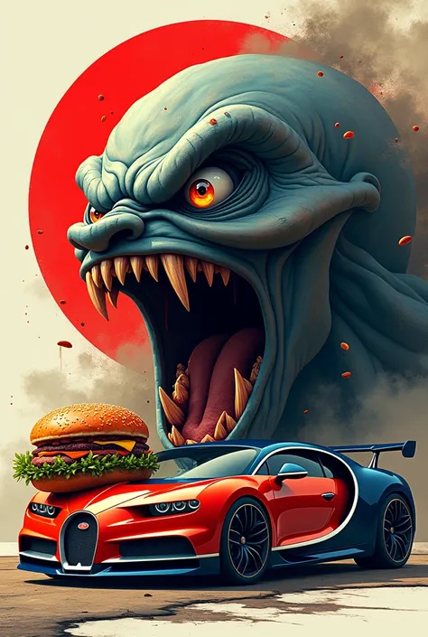  Create a globe brand written gluttonous and furious in Portuguese, with a Bugatti car with a hamburger  