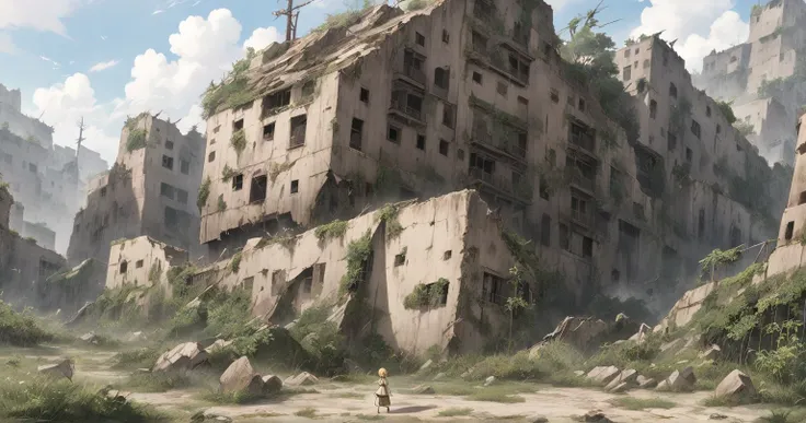  Ruined Ruins　nature　flower　Blond bob girl　 skirt with open pupils 　 Tattered Clothes　Person Distant 　 scenery main 　anime