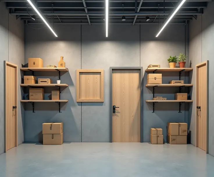  and a real indoor team equipment warehouse ， You need 4 pictures to face the 4 walls from 4 different angles，There are shelves on the side of the wall ， on the shelves ； There are three pictures with doors 。