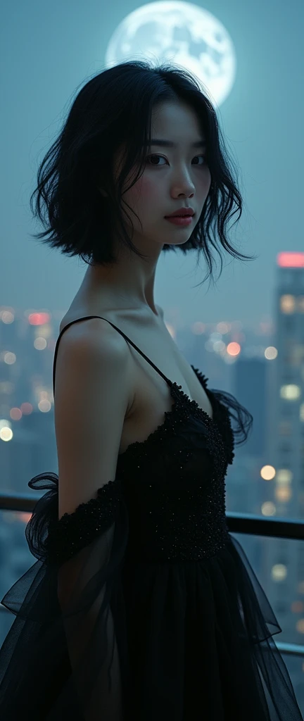 A stunning Asian woman slide layered shortblack  hair and stands majestically on a moonlit terrace, adorned in a diaphanous black nightdress that whispers subtle sparkles under the soft, silvery glow. The cityscape behind her shimmers with a tapestry of tw...