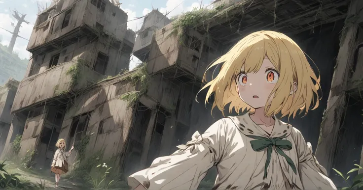 Ruins　nature　flower　Blond bob girl　 skirt with open pupils 　 Tattered Clothes　Person Distant 　 scenery main 　anime