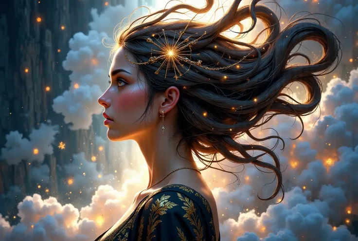 there is a woman e in her hair surrounded by smoke, surrealistic digital artwork, gorgeous digital art, beautiful digital artwork, breathtaking digital art, beautiful gorgeous digital art, elaborate digital art, digital art fantasy, exquisite digital illus...