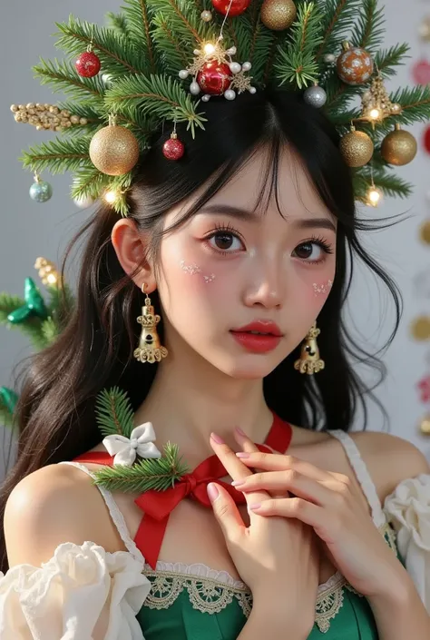 A beautiful girl wearing a Christmas tree dress, green and red fluffy skirt, Christmas tree hair, beautiful detailed eyes, beautiful detailed lips, extremely detailed eyes and face, long eyelashes, flawless skin, serene expression, elegant pose, intricate ...