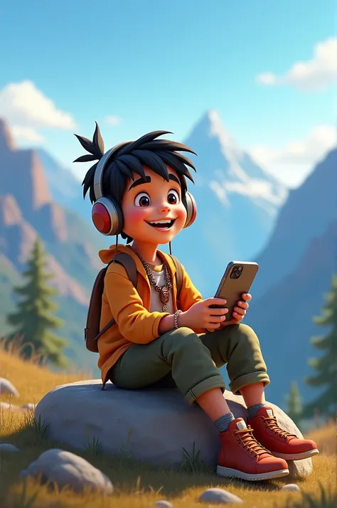 A joyful boy of Indigenous descent in the Sierra, sitting on a rock with a smartphone and headphones, panoramic view of the mountains and a clear blue sky behind him, playful expression on his face.