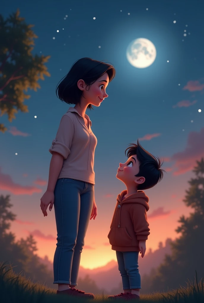 A 35-year-old mother in Pixar Disney style, About 1.65 meters with short black hair, gentle and warm features with a caring smile, wearing a simple yet elegant pastel-colored blouse and comfortable jeans,A 13-old-year boy in Pixar Disney style,About 1.4 me...