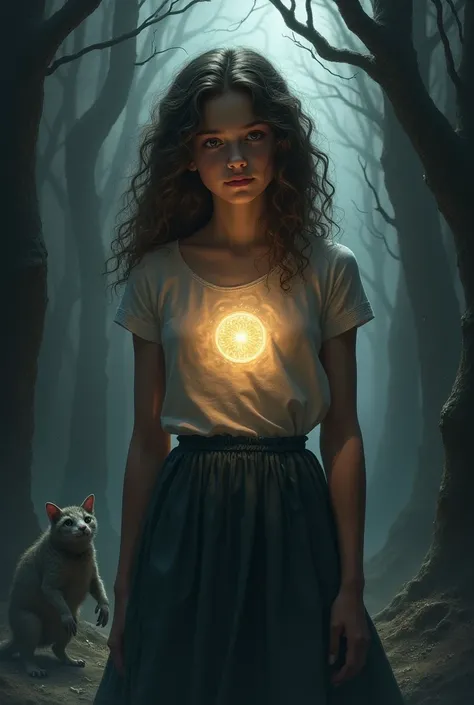 Cover of a book, gray and black background with a small 4-legged creature surrounded by shadows behind an adult teenage girl with curly hair with her chest shining with light and dark 