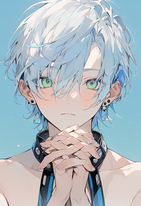 solo, blush, looking_at_viewer, short_hair, bangs, simple_background, 1boy, original, hair_between_eyes, jewelry, green_eyes, blue_hair, closed_mouth, collarbone, upper_body, male_focus, earrings, nude, collar, fingernails, blue_background, own_hands_toget...