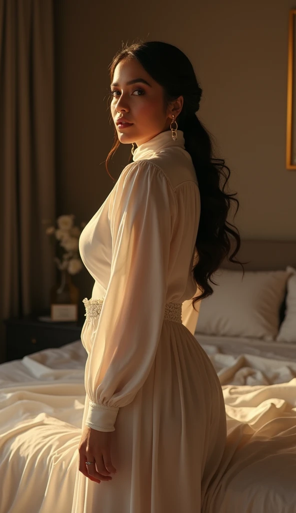 (( top quality)), ((masterpiece)), (detail), heavenly beauty Siti Nurhaliza, perfect facial detail , fit curvy body , Beautiful legs,hijab,woman standing near bed , feel hot ,getting ready to make love,Evening,depth of field, 8K photo, hdr, professional li...