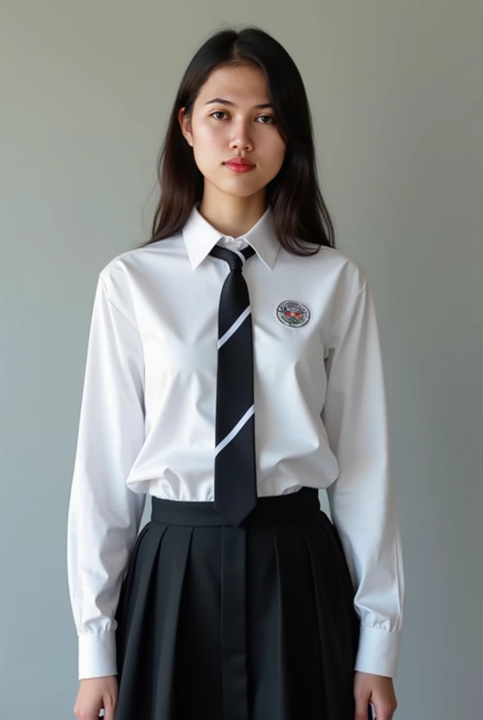 I want a virtual image of a woman wearing a student dress, a white shirt with long sleeves, a black A-line skirt, a height of 160 cm, a weight of 48 kg, long hair, a Thai face, a tie with a Kalasin Vocational College net tie, a white slanting pattern, a ne...