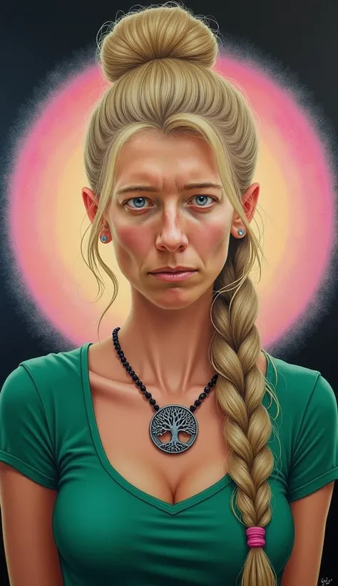 a painting in pastel technique of vibrant colors on a black background. It is an eye-level portrait of a woman of Viking descent, blonde and green-eyed, who stares at the artist who portrays her, her hair is long and tied in a bun on her head, and her temp...