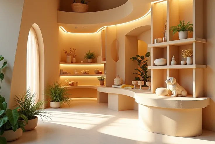 3.  Organic style pet shop interior design ,  Inspired by soft and natural shapes .  Uses light wood and clay materials for the beds winding display shelf,  Soft golden light integrated . Smooth Stone Floor ,  Round wall in light beige .  Close Space ,  cr...